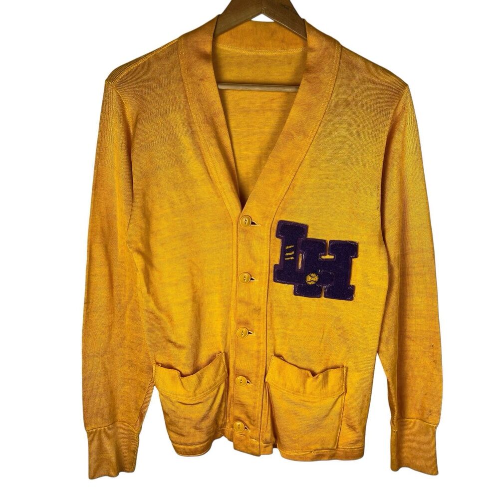 True Vintage 50s LH Baseball Mens S Varisty Cardigan Sweater Letterman Yellow